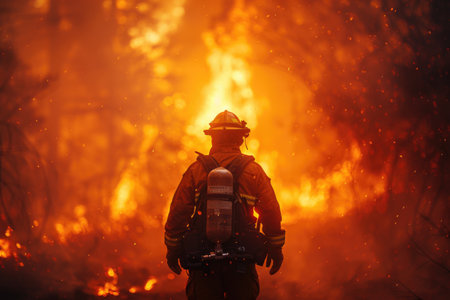 Backdropped by an explosive wildfire, a firefighter advances, the flames reflecting on his gear, illustrating the intense heat and danger of his mission. A.I.の素材