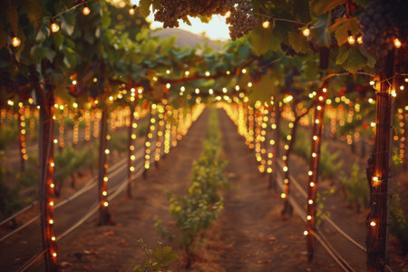 Wine Harvest Festival in a sun-drenched vineyard with grapevines, twinkling lights, and aged barrels AIの素材