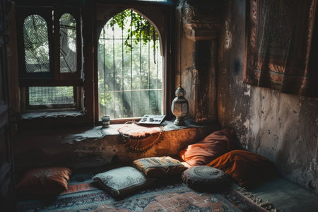 Reading the Quran in a Quiet Corner with Pillows and Soft Lighting for Comfort and Reflection AIの素材