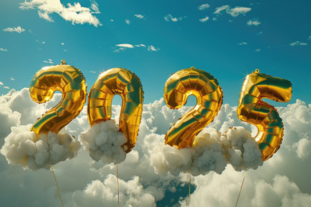 Golden helium balloons forming the year 2025 against a backdrop of clouds and bright sunlight AIの素材