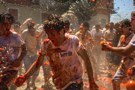 La Tomatina festival in Bunyol, Spain with participants engaging in a vibrant tomato fight AIの素材