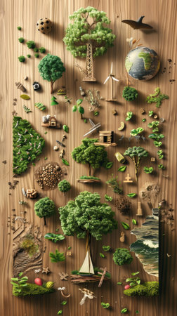 Ecological display with forests, wildlife, and conservation efforts on a wooden backdrop. A.I.の素材