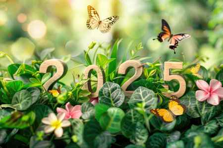 Spring-Themed 2025 Artwork with Blossoms, Foliage, and Butterflies in Pastel Tones AIの素材