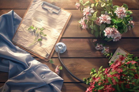 Doctor's Day Appreciation Scene with Stethoscope, Medical Coat, and Flowers on a Professional Wooden Background AIの素材