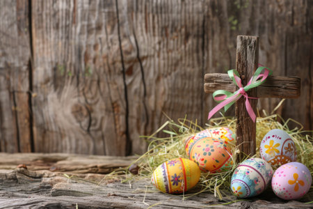 Easter Celebration Scene with Colorful Eggs, Wooden Cross, and Spring Flowers on a Wooden Background AIの素材
