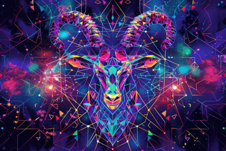 Vibrant Capricorn zodiac sign design with neon geometric patterns for astrological themesの素材