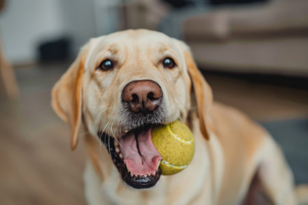 Playful labrador retriever with a tennis ball in mouth at homeの素材