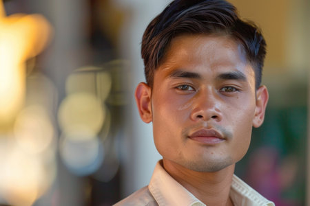 Confident thai individual in casual setting with bokeh background for cultural and lifestyle conceptsの素材