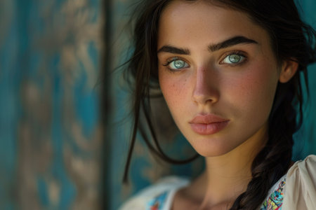 Captivating woman with embroidered attire and braided hairの素材