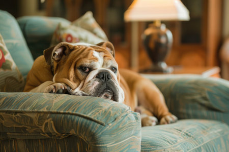 Relaxed bulldog lounging on sofa in cozy living room settingの素材