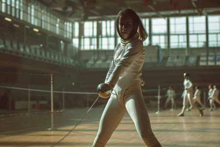 Dynamic female fencer exhibiting skill and precision in indoor arenaの素材