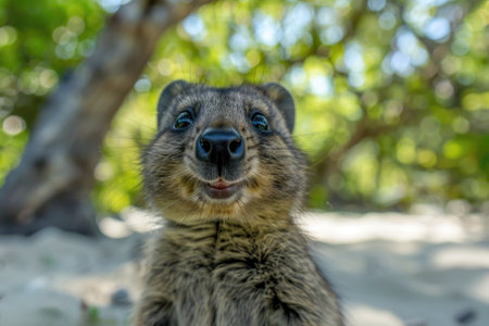 Quokka smiling in natural habitat with blurred forest backgroundの素材