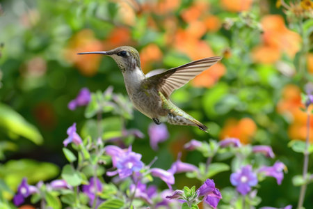 Hummingbird in vibrant garden with colorful blossoms and lush foliageの素材