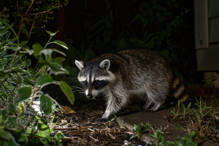 Curious raccoon exploring a garden at nightの素材