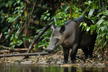 Young tapir stands by a tropical river in lush jungle habitatの素材