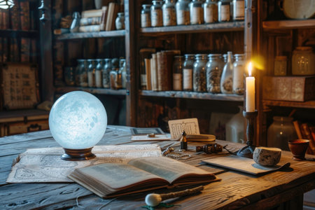 Mystical study room with crystal ball and ancient books illuminated by candlelightの素材