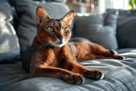 Elegant abyssinian cat relaxing on a sunlit couchの素材