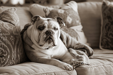 Cozy bulldog relaxing on a plush sofa in a warm home settingの素材
