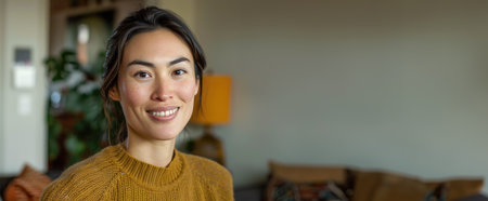 Smiling portrait of a casual individual indoors for personal and professional useの素材