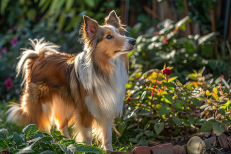 Elegant shetland sheepdog in a lush garden settingの素材