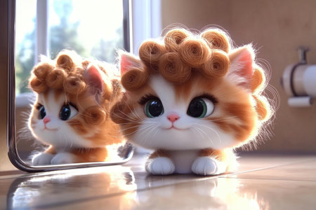 Adorable fluffy kitten with cute curly hairstyle looking in mirrorの素材
