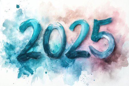 Colorful watercolor design of the year 2025 with artistic splashesの素材