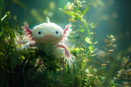Enchanting axolotl in lush underwater greenery captures serenity and wonderの素材