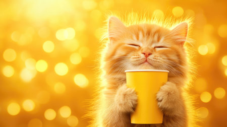 Adorable kitten enjoying warm drink against bright bokeh background.の素材
