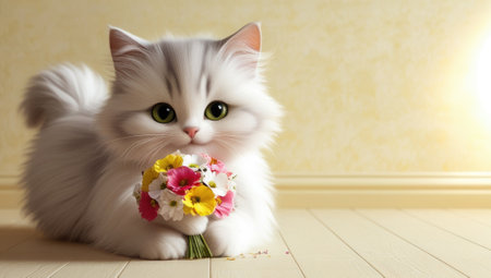 Cute fluffy kitten holding a colorful flower bouquet on wooden floor.の素材