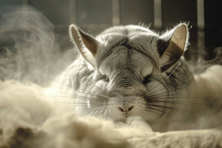 Close-up of a relaxed chinchilla in soft light and whimsical dust cloudの素材