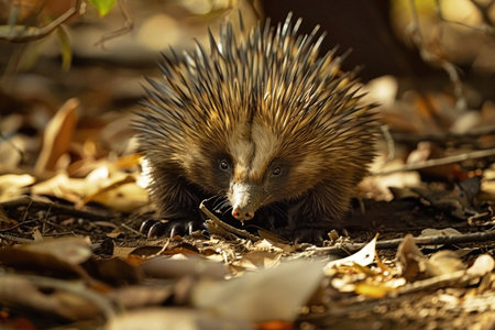Curious echidna exploring forest floor among fallen leaves and twigsの素材