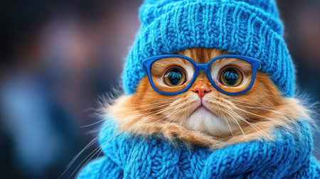 Adorable cat in blue knit hat and glasses embraces autumn warmth.の素材