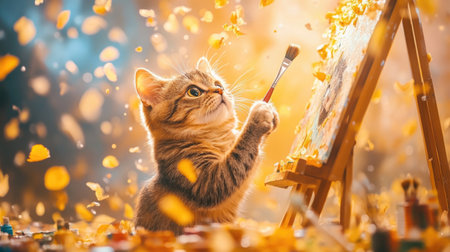 Adorable kitten painting amidst falling autumn leaves in creative artistic scene.の素材