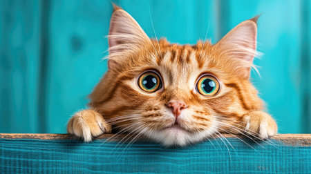 Curious ginger cat peeking over blue wooden fence with wide eyes.の素材