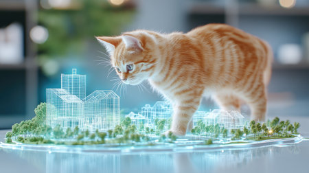 Curious kitten exploring futuristic holographic city model.の素材