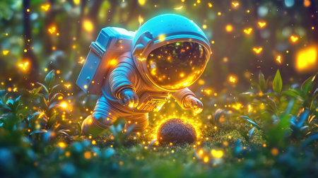 Enchanting astronaut discovering cosmic light in a forest wonderland.の素材