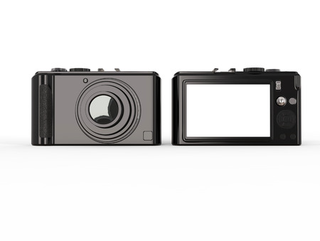 Black modern compact digital photo camera - front and back side
