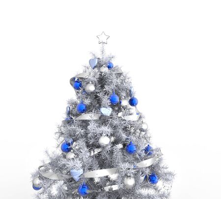 White Christmas Tree With Blue Decorationsの写真素材