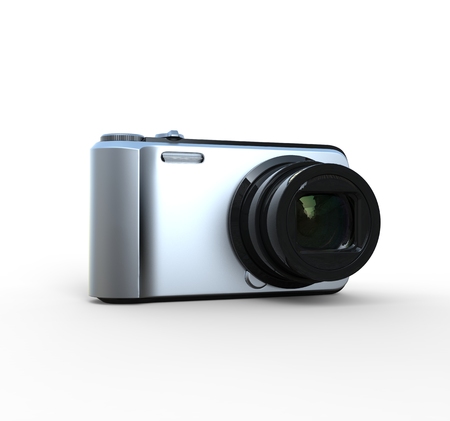 Small silver camera on white background, ideal for digital and print design.の写真素材