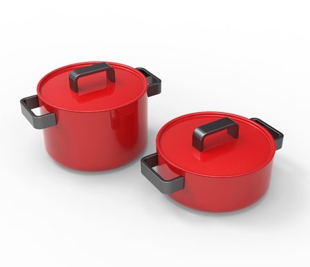 Red cookingware with black handlesの写真素材