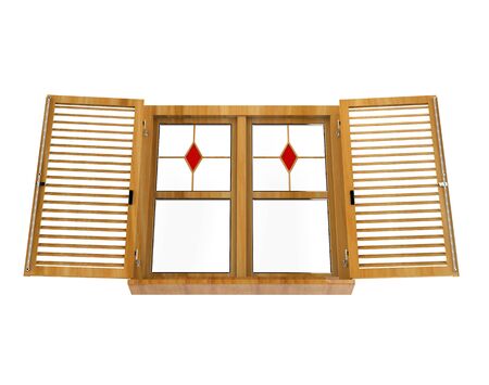 Window with stained glass and shuttersの写真素材