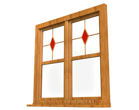 Wooden window frame with stained glass - low angleの写真素材