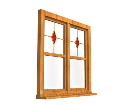 Wooden window frame with stained glass - angle viewの写真素材