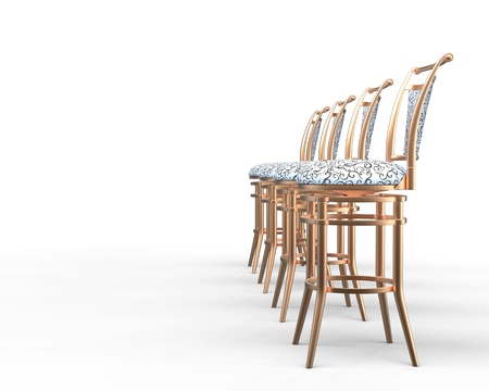 Four coffee shop chairs on white background - side view.の写真素材