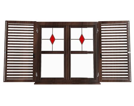 Dark window with stained glass and shuttersの写真素材