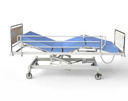 Hospital bed with blue bedding - left viewの写真素材