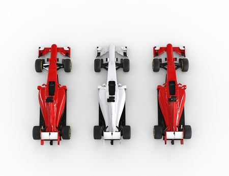Red and white Formula racing cars - top view.の写真素材