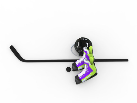 Hockey equipment - green purple skates with black helmet - top viewの写真素材