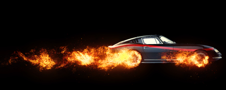 Black vintage race car with red stripe decal - wheels on fire - isolated on black backgroundの写真素材