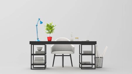 3D illustration of modern work space - black table, white armchair, blue desk lampの写真素材